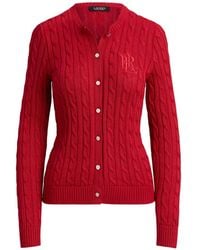 Ralph Lauren - Cable-Knit Embroidered-Logo Cardigan - Lyst