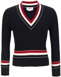 Thom Browne - Katoenen Trui Met V-Hals En Gevlochten Band - Lyst