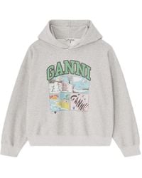 Ganni - Felpa Con Stampa E Cappuccio - Lyst