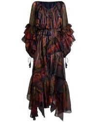 Etro - Silk Midi Dress With Ruffles And Placed Paisley Print - Lyst