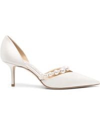 Jimmy Choo - Décolleté A Punta en Raso E Pelle Verniciata Caffelatte Con Perle - Lyst