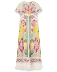 La DoubleJ - Tulip Placée Swing Zijde-Twill Jurk Met Veren - Lyst