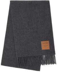 Ganni - Fringed Scarf With Logo Patch - Lyst