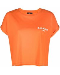 Balmain - Cropped Flocked-logo Short-sleeve T-shirt - Lyst