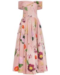 Oscar de la Renta - Botanical-Print Off-Shoulder Midi Dress - Lyst