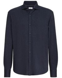 Brunello Cucinelli - Virgin Wool, Silk And Cotton Chalk Stripe Piqué Shirt With Spead Collar - Lyst