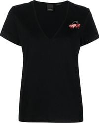 Pinko - Logo-embroidered V-neck T-shirt - Lyst