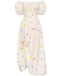 Sleeper - Belle Floral-Print Smocked Linen Midi Dress - Lyst