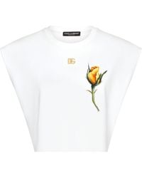 Dolce & Gabbana - Cropped Jersey T-Shirt With Dg Logo And Rose-Embroidered Patch - Lyst