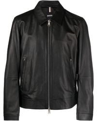 BOSS - Grained-leather Shirt Jacket - Lyst