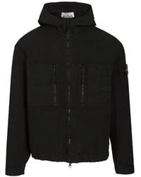Stone Island - Hooded Organic Cotton Ripstop Overshirt With Vertical Zip Pockets - Lyst