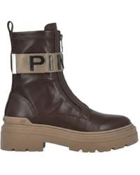 Pinko - Mia Leather Biker Ankle Boots With Lettering Logo And Lug Sole - Lyst