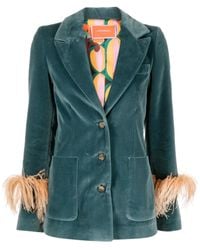 La DoubleJ - Keaton Feather-Trim Velvet Blazer - Lyst