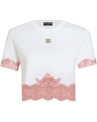 Dolce & Gabbana - Cropped T-Shirt With Dg Logo And Lace Inserts - Lyst