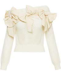 Oscar de la Renta - Bow-embellished Pointelle-knit Jumper - Lyst