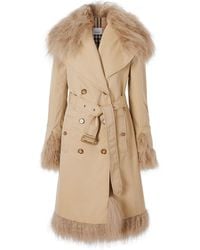 Burberry Shearling Trim Cotton Gabardine Belted Trench Coat - Natural