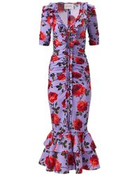 Carolina Herrera - Rose-Print Ruched Midi Dress - Lyst