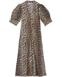 Ganni - Leopard-print Organic Cotton Midi Dress - Lyst