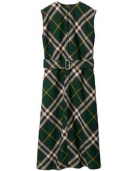 Burberry - Check Motif Wool Midi Dress - Lyst