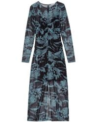 Ganni - Printed-Mesh O-Neck Ruched Long Dress - Lyst