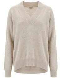 Brunello Cucinelli - Pull Orné De Sequins À Col V - Lyst