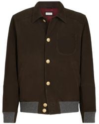 Brunello Cucinelli - Chaqueta Bómber Estilo Camisa De Piel De Nobuk Con Apliques De Cachemira Y Botones De Metal - Lyst