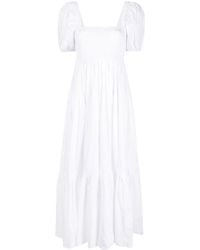 Ganni - Robe Longue À Smocks En Popeline De Coton En Taille Manches Courtes - Lyst