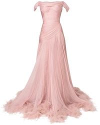 IRIS SERBAN - Petal Flare Silk Gown With Off-Shoulder Sleeves And Feathers Trim - Lyst