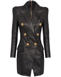 Balmain - Robe courte noire en cuir à boutons - Lyst