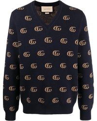 Gucci - Double G Jacquard Wool V-Neck Jumper - Lyst
