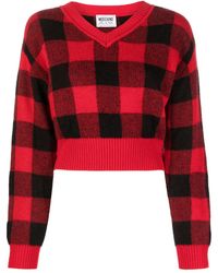 Moschino - Cropped V-Neck Sweater With Checkered Pattern - Lyst