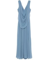 Elie Saab - Blaues V-Ausschnitt Drapiertes Ärmelloses Kleid - Lyst