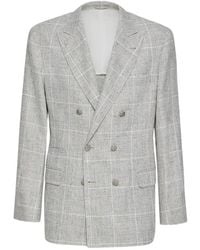 Brunello Cucinelli - Linen Prince Of Wales One-And-A-Half Breasted Deconstructed Blazer With Metal Buttons - Lyst