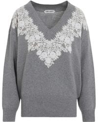 Alberta Ferretti - Lace-Trim V-Neck Sweater - Lyst