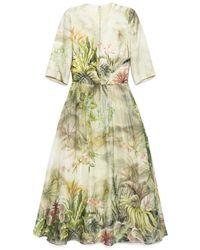 ワンピース Elie Saab Printed Linen and Silk Midi Dress Green Elie Saab Printed Linen And Silk Midi Dress Oasis Ii38 Linen