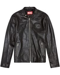 DIESEL - Leather Biker Jacket With Distressed Logo - Lyst