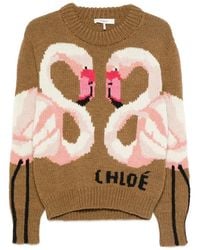 Chloé - Truien & Vesten ,Bruin ,Wol Trui Met Ronde Hals En Logo - Lyst