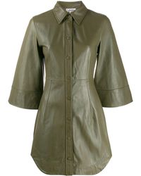 Ganni Lamb leather short sleeves mini dress with front buttons - Verde