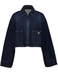 Prada - Logo-Plaque Cropped Denim Jacket - Lyst