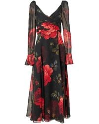 Carolina Herrera - Rose-Print Silk Midi Dress - Lyst