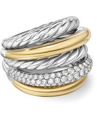 David Yurman - 18kt Yellow Gold And Sterling Silver Bold Mercer Diamond Stacked Ring - Lyst