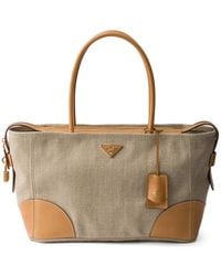 Prada - Large Linen And Leather Tote Bag - Lyst