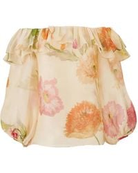 Carolina Herrera - Poppy-Print Organza Puff Sleeve Top - Lyst