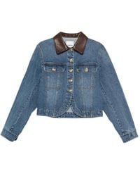 Sandro - Leather-Collar Button-Up Denim Jacket - Lyst