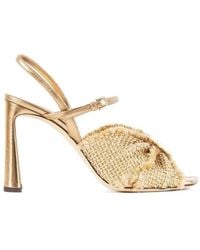 Jimmy Choo - 95Mm Annika Metallic-Raffia Bow Sandals - Lyst