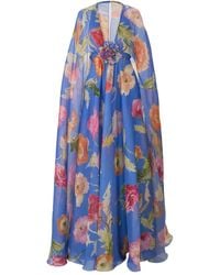Carolina Herrera - Poppy-Print Organza Gown With Cape - Lyst