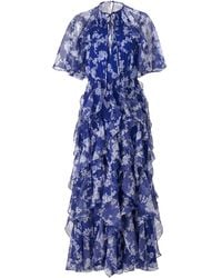 Carolina Herrera - Gerüschtes Seidenkleid Mit Blumen-Print - Lyst