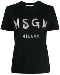 MSGM - Jersey T Shirt With Glitter Brushstroke Logo - Lyst