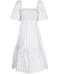 Ganni - Striped Seersucker Midi Dress - Lyst