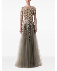 Dina Melwani - Floral-Embroidered Chiffon Maxi Dress - Lyst